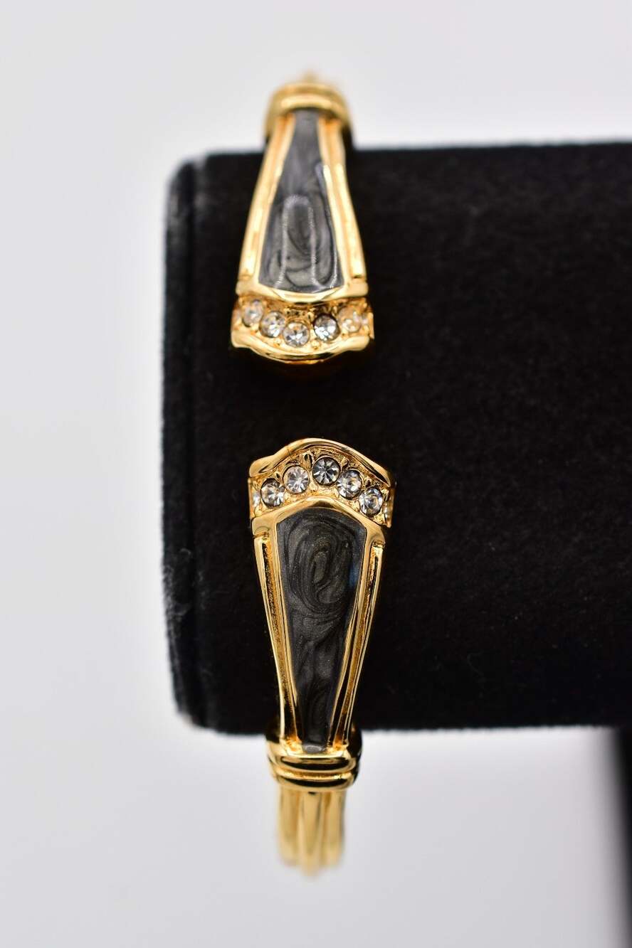 KJL for Avon Hinged Cuff Bangle Bracelet Rhinestone Gold Enamel Signed BinBR